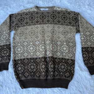 Vintage Fair‎ Isle Sweater Mens Medium Brown Geometric Wool Blend Knit